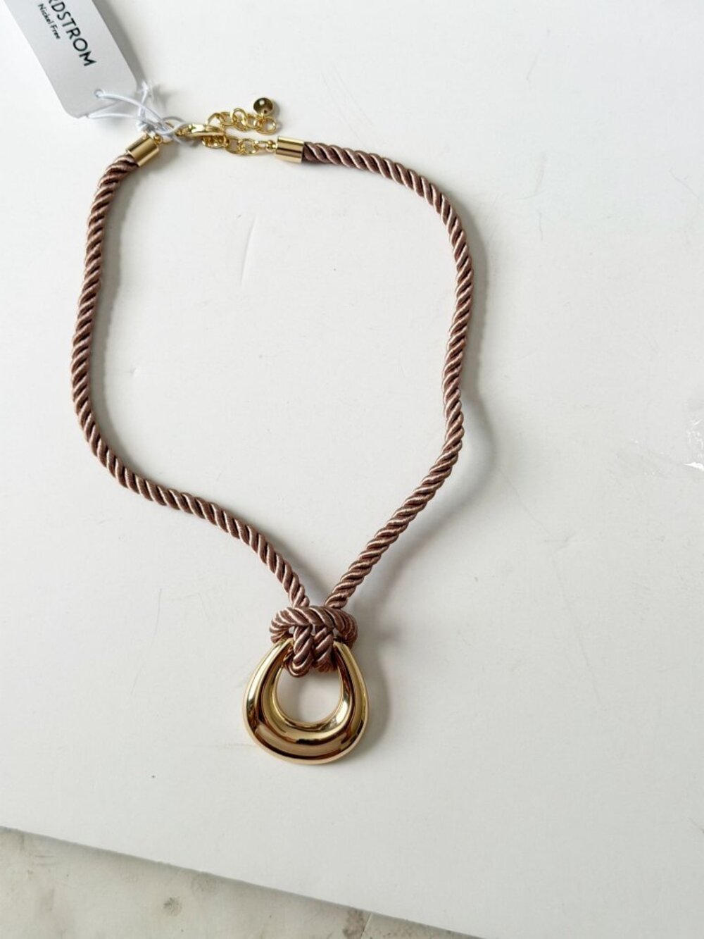 NWT Nordstrom Open Gold Tone Round Pendant Gold Neutral Beige Cord Necklace - Picture 3 of 6